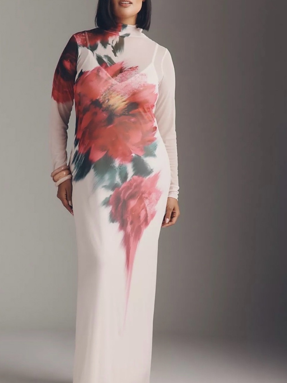 AFRM Blush Pink Maxi Dress with Red Floral Watercolor Print